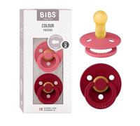 BIBS Colour Tétine, 6-18 mois, lot de 2, téterelle ronde, Coral/Ruby | Latex de caoutchouc naturel | Taille 2 | Sans BPA | Fabriqué au Danemark | Haute acceptation | Trous d’aération