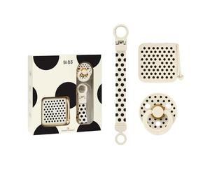 BIBS Gift Set Polka Soothe & Go, avec la sucette Colour Studio Polka Dots, une boîte à sucette et une attache-sucette, tétine ronde. En latex de caoutchouc naturel, taille 2 (6-18 mois), Ivory