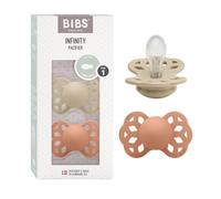 Lot de 2 sucettes physiologiques BIBS Infinity, sans bisphénol A, tétine physiologique en silicone, Téterelle symétrique. Silicone, Fabriqué au Danemark, Taille 1 (0-6 mois), Vanilla/Peach