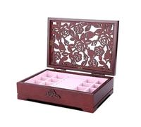 BIBTOO Coffret à Bijoux en Bois sculpté en Forme de Rose, Style Chinois Vintage, boîte de Rangement à Une Seule Couche, Couleur vin Rouge