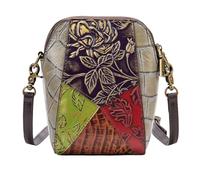 BIBTOO Sac à bandoulière en Cuir Verni Patchwork for Femme, Sac à bandoulière Vintage à Fleurs en Relief for téléphone Portable