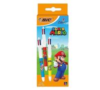 BIC - 1 Coffret de 3 Stylos 4 Couleurs Classiques - Décors Super Mario Bros Assortis - Pointe Moyenne : 1 mm - 3 Décors Différents