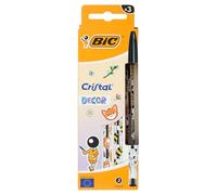 BIC - 1 Coffret de 3 Stylos Cristal Encre Noir - Décors Kawaii - Pointe Moyenne : 1 mm - 3 Décors Différents