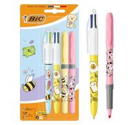 BIC 4 Couleurs Décors Série Kawaii Stylos-Bille Rétractables à Pointe Moyenne (1,0 mm) Encres Fantaisie de Couleur + BIC Highlighter Grip Décors Pointe Biseautée - Motifs Kawaii Assortis, Pack de 4