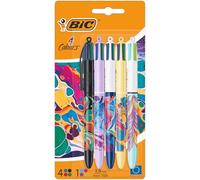 BIC 4 Couleurs Décors Stylos-bille Pointe Moyenne (1,0 mm) - Couleurs d'Encre Classiques et Ludiques - Série Hydro Dipping, Lot de 5