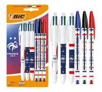 BIC 4 Couleurs et BIC Cristal « Fédération Française de Football » Stylos-Bille Rechargeables Pointe Moyenne (1,0 mm) - Décors Assortis, Blister de 6