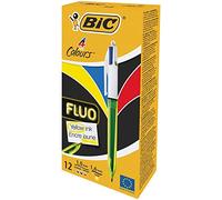 BIC 4 Couleurs Fluo Stylos-Bille Rétractables - Encres Noire, Bleue, Rouge et Jaune Fluo, Boîte de 12