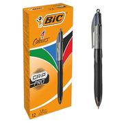 BIC 4 Couleurs Grip Pro - Stylos-Bille Rétractables Pointe Moyenne (1,0 mm) Conçus pour les Professionnels - Boîte de 12