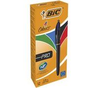 BIC Stylos-bille 4 Couleurs Pro rétractables - Pointe moyenne 1 mm - Couleurs assorties, Boîte de 12