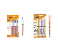 BIC 4 Couleurs Rose Gold Stylo-Bille Rétractable Pointe Moyenne (1,0 mm) Blister de 5 & Highlighter Grip Surligneurs (Pointe Biseautée/Parfait pour l'Ecole et au Bureau/Ne Sèche Pas) - Blister de 6
