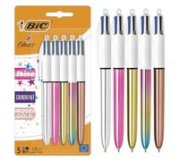 BIC Stylos 4 Couleurs Shine et Gradient, rétractables, pointe 1,0 mm, métallisés – Lot de 5