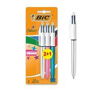 BIC 4 Couleurs Shine Stylos-Bille Rétractables Pointe Moyenne (1,0 mm) - Corps Assortis Métallisés, Blister de 2+1