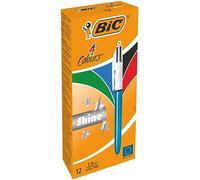 BIC 4 Couleurs Shine Stylos-Bille Rétractables Pointe Moyenne (1,0 mm) - Corps Bleu Métallisé, Boîte de 12