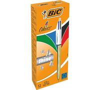 BIC 4 Couleurs Shine Stylos-Bille Rétractables Pointe Moyenne (1.0 mm) - Corps Doré Métallisé, Boite de 12