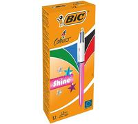 BIC 4 Couleurs Shine Stylos-Bille Rétractables Pointe Moyenne (1,0 mm) - Corps Rose Métallisé, Boîte de 12