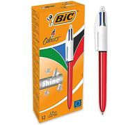 BIC 4 Couleurs Shine Stylos-Bille Rétractables Pointe Moyenne (1,0 mm) - Corps Rouge Métallisé, Boîte de 12
