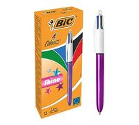 BIC 4 Couleurs Shine Stylos-Bille Rétractables Pointe Moyenne (1,0 mm) - Corps Violet Métallisé, Boîte de 12