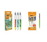 BIC 4 Couleurs Velours Stylos-Bille Pointe Moyenne (1,0 mm) - Motifs Assortis, Pack de 3 Bleu/Vert/Rouge/Noir & Matic Fun Porte Mines 0,7 mm HB avec Gomme - Pochette Format Spécial de 10