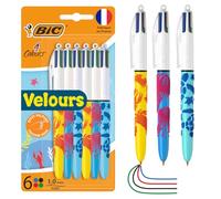 BIC - Stylo 4 Couleurs Velours - Stylo-Bille Pointe Moyenne (1,00 mm) - 3 Motifs Assortis dans le Thème de la Vie Marine - Stylo BIC Durable et Facile à Utiliser - Pack de 6 Stylos 4 Couleurs BIC