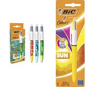 BIC 4 Couleurs Velours - Stylos-Bille Rétractables Pointe Moyenne (1,0 mm) - Corps Assortis Motif Jungle, Fleurs et Gecko, Boîte de 3 & BIC 4 Couleurs Sun (1,0mm) - Encres Fantaisies, Blister de 1