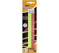 BIC 942053 Evolution Fluo HB Lot de 4 crayons à papier Fluo HB avec gomme 4 couleurs assorties