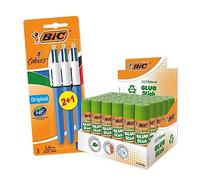 BIC Bâtons de Colle Blanche, Idéal pour Papier et Carton, Sans Solvant, 8 g, Boîte de 30 tubes + BIC 4 Couleurs Original Stylos-Bille Rétractables Pointe Moyenne (1,0 mm), Boîte de 12 - Lot de 42
