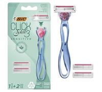 BIC Click 3 Soleil Sensitive - Rasoir Rechargeable pour Femme à 3 Lames et Bande Lubrifiante pour un Rasage Précis et Doux - Boîte de 1 Manche + 2 Recharges