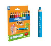 BIC Crayons de couleur Multi-surfaces – étui 10 crayons larges, mine XXL, taille-crayon inclus