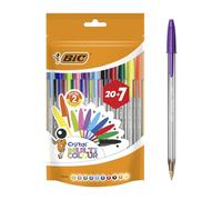 BIC Cristal Multicolour Stylos-Bille Pointe Large (1,6 mm) - Écriture Vive et Colorée - Couleurs Assorties, Pochette Refermable de 20+7