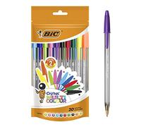 BIC Cristal Multicolour Stylos-Bille Pointe Large (1,6 mm) - Écriture Vive et Colorée - Couleurs Assorties, Pochette Refermable de 20