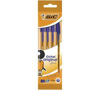 BIC Cristal Original Fine Stylos-Bille Pointe Fine (0,8 mm) - Encre Bleue, Corps Orange Translucide, Pochette de 4