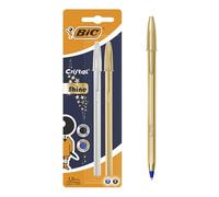 BIC Cristal Original Shine - Stylos-Bille Or et Argent Pointe Moyenne (1,0 mm) - Écriture Fluide et Élégante - Encres Bleue et Noire, Blister de 2