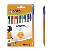 BIC Cristal Original Stylos-Bille Pointe Fine (0,8 mm) avec Corps Orange Translucide - Écriture Fine et Précise - Couleurs d’Encre Assorties, Boîte carton de 10