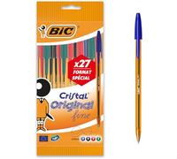 BIC Cristal Original Stylos-Bille Pointe Fine (0,8 mm) - Écriture Fine et Précise - Couleurs Assorties - Corps Orange - Pochette Format Spécial de 27