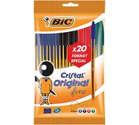 BIC Cristal Original Stylos-Bille Pointe Fine (0,8 mm) - Écriture Fine et Précise - Couleurs Assorties, Pochette Format Spécial de 20