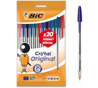 BIC Cristal Original Stylos-Bille Pointe Moyenne (1,0 mm) - Parfait pour l'Ecole et au Bureau - Couleurs Assorties, Pochette Format de 20