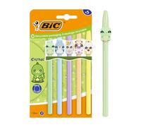 BIC Lot de 5 stylos à bille Cristal Pastel Figurines Pointe Moyenne (1,00 mm) Encre Bleue - 5 Personnages Assortis et Couleurs Corps - Carton