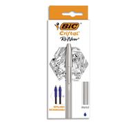 BIC Cristal Re'New Stylo-Bille Pointe Moyenne Corps Argenté + Cartouches d'Encre Rechargeables Bleu x1+2