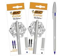 BIC Cristal Re'New - Stylo-Bille Premium en Métal et Rechargeable - Parfait pour l'Ecole et au Bureau - Bleu et Noir, Lot de 2+4 Recharges