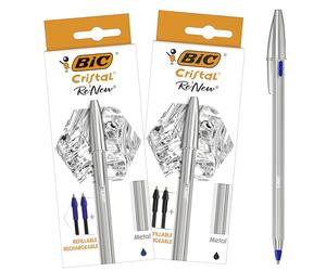 BIC Cristal Re'New - Stylo-Bille Premium en Métal et Rechargeable - Parfait pour l'Ecole et au Bureau - Bleu et Noir, Lot de 2+4 Recharges