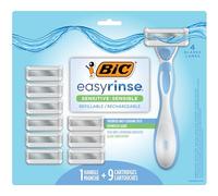 BIC EasyRinse Sensitive Anti-encrassement Rechargeable Rasoirs Femme avec 4 Lames, 1 Manche et 9 Cartouches de Rasoir Recharge Kit Rasoir
