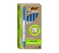 BIC ECOLUTIONS CLIC STIC BLUE BOLLPoint Pens Point moyen (1,0 mm) Pack de billes rtractables Pack de 12 mm en plastique recycl 78%