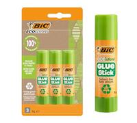 BIC ECOlutions Glue Stick - Bâtons de Colle Blanche Parfaits pour Papier et Carton, Sans Solvant - 8 g, Blister de 3 tubes