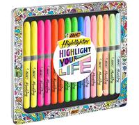 BIC Highlighter Grip Surligneurs - Couleurs Assorties Intenses et Pastel, Boîte Cadeau en Métal de 15