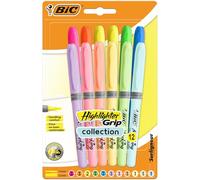 BIC Highlighter Grip Surligneurs Pointe Biseautée - Couleurs Fluo Assorties Intenses et Pastel, Blister de 12