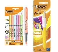 BIC Highlighter Grip Surligneurs (Pointe Biseautée/Parfait pour l'Ecole & 4 Couleurs Sun Stylo-Bille Rétractable Pointe Moyenne (1,0 mm) - Encres Fantaisies Turquoise, Violet, Rose, Jaune