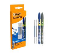 BIC Illusion Stylos-Bille Effaçables et Rechargeables à Pointe Moyenne (0,7 mm) et Recharges - Bleu et Noir, Boîte de 2 Stylos + 6 Recharges