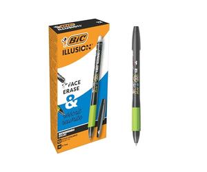 BIC Illusion Stylos-Bille Effaçables et Rechargeables à Pointe Moyenne (0,7 mm) - Noir, Boîte de 12