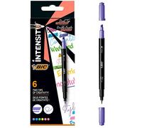 BIC marqueur Intensity Dual Tip Pointe biseautée fine 6 pièces Bleu Vert Pêche Rose Violet Jaune