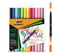 BIC Intensity Dual Tip, Marqueur double pointe fine (0,7 mm) et pointe pinceau flexible, couleurs assorties originales et pastel, lot de 12 unités